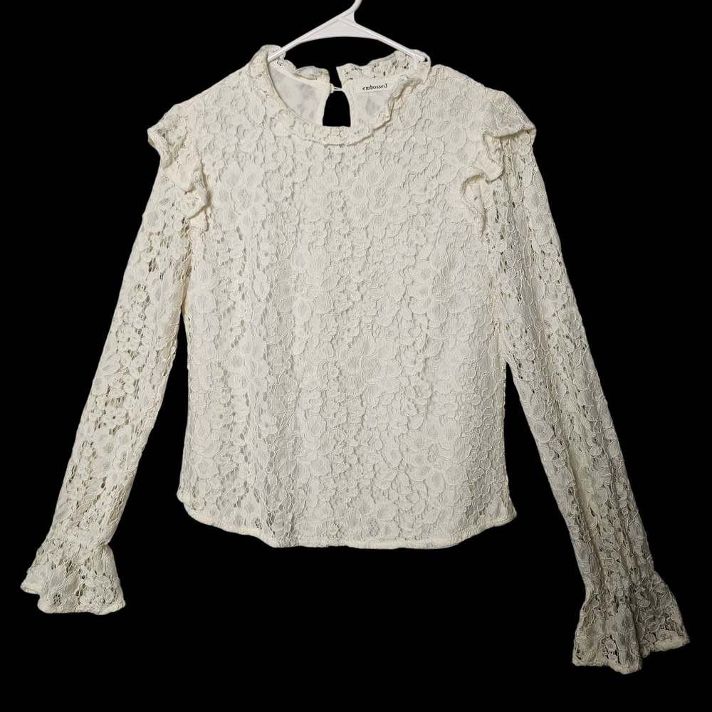 Womens Lace Ruffle Top L Ivory Victorian Edwardian Romantic Cottagecore Embossed